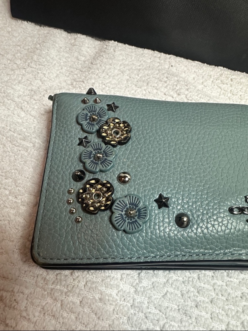 Coach Tea Rose Floral Studded Leather Wallet - Aqua Blue - Picture 4 of 16